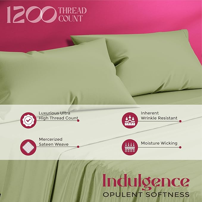 Mayfair Linen 100% Egyptian Cotton Sheets California King Size - 1200 Thread Count 4 PC Cal King Sheets Egyptian Cotton, Cooling Sateen Sheet, High Thread Count Sheet California King - Sage Green