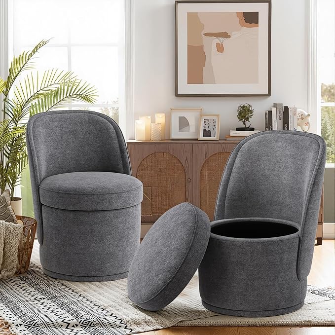 Swivel Accent Chair Set of 2, 360° Swivel Round Chair with Hidden Storage, Vanity Chairs, Modern Small Barrel Armchair for Living Room/Bedroom, Darkgrey