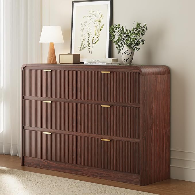 FURSUN Fluted 6 Drawers Dresser for Bedroom, 54" Wide Wooden Dresser with Metal Handle, Curved Profile Design, Modern Storage Organizer for Bedroom, Living Room, Hallway, Walnut