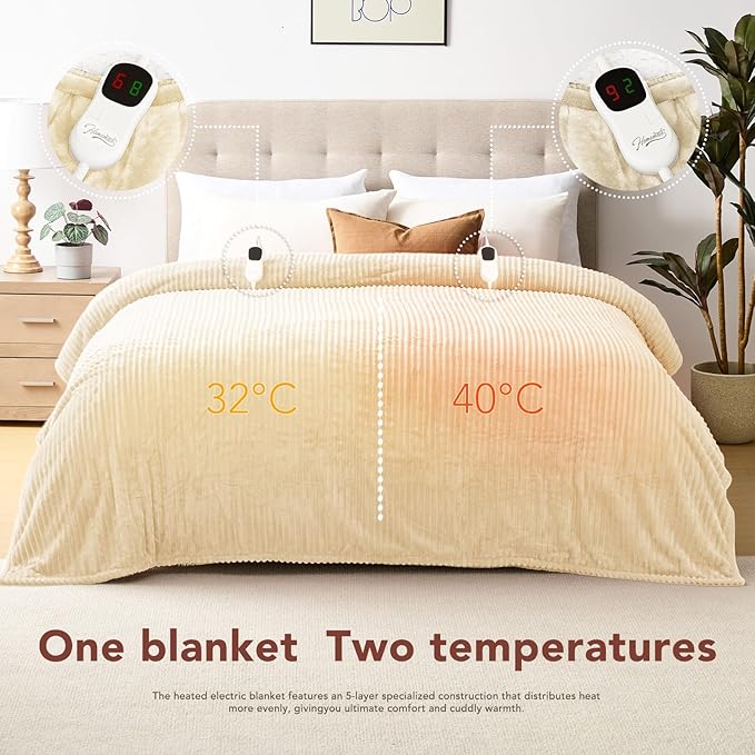 Homemate Electric Heated Blanket King Size - 100"x90" Heating Blanket King Size Dual Control 1/2/4/6/8 Hours Auto-Off 10 Heat Level Over-Heat Protection Soft Flannel Sherpa ETL Certification