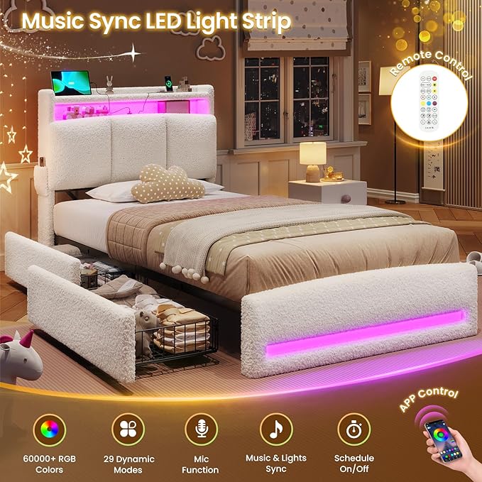 VIAGDO Twin Bed Frames with Storage Headboard and Charging Station, Boucle Upholstered Bed Frame Twin Size with 4 Drawers and LED Lights, Type C and USB, No Box Spring Needed, Cream White