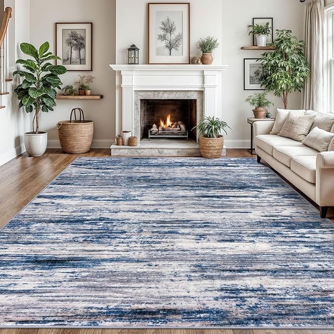 9x12 Modern Abstract Area Rug for Bedroom, Navy Blue Gray Neutral Multi Large Super Soft Washable Rug with Non-Slip, Non-Shedding Rugs for Living Room, Indoor Door Mat for Office Home Décor