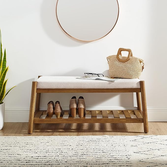 Upholstered Entryway Bench, Bedroom Bench for End of Bed, Dining Bench with Padded Seat for Kitchen, Living Room, Fabric Rubber Wood Indoor Bench (Beige)
