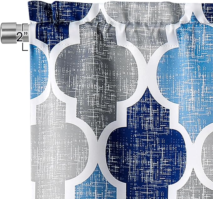 Beauoop Lattice Blackout Window Valance Curtain Panels Thermal Insulated Noise Reduction Drapes for Kitchen Cafe Living Room Quatrefoil Window Treatment Sets Rod Pocket, 50W x 18L, Blue/Gray, 1 Panel