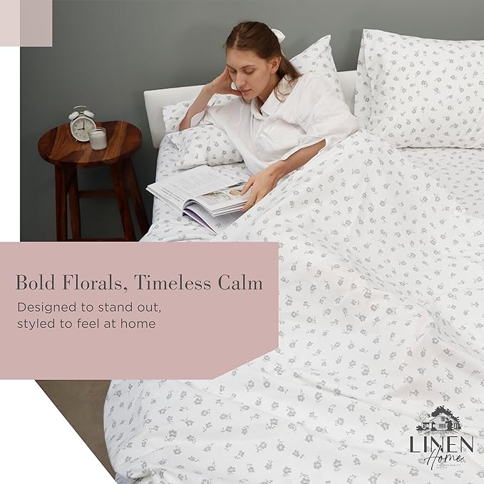 Linen Home 100% Cotton Printed Percale Sheets King Size, Deep Pocket, 4 Pieces Set - 1 Flat, 1 Deep Pocket Fitted Sheet and 2 Pillowcases, Crisp Cool and Strong Bed Linen, Mauve Silhouette Floral