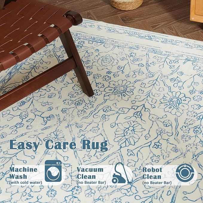 jinchan Hallway Runner Rug 2x8 Washable Kitchen Flora Faux Wool Non-Slip with Rubber Backing Soft Thin Vintage Carpet Runner for Bedroom Bathroom Laundry Room Living Room (2x8ft,Blue)