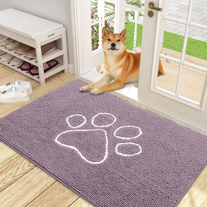 OLANLY Dog Door Mat for Muddy Paws 48x30, Paw Print Design, Absorbs Moisture and Dirt, Absorbent Non-Slip Washable Doormat, Quick Dry Chenille Mud Mat, Entry Indoor Entryway Carpet, Deep Plum