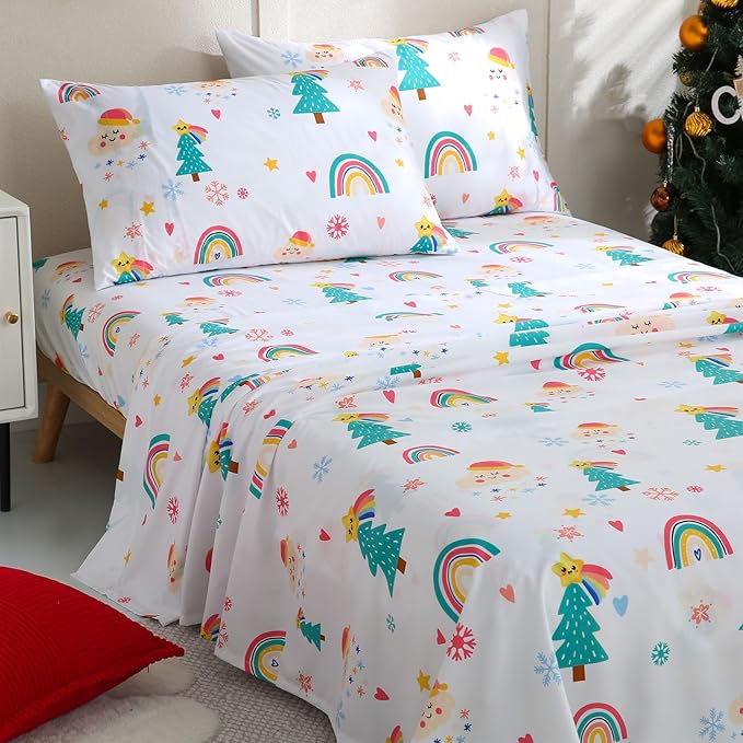 JSD Christmas Kids Sheet Set Full Size, 4 Piece Rainbow Christmas Tree Printed Microfiber Bed Sheets Deep Pocket