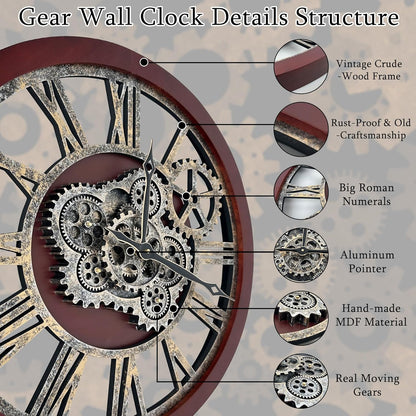 HOIBAI Farmhouse Vintage Industrial Oversized Wall Clock - 24 in (60cm) Moving Gear Wall Clock for Living Room Decor