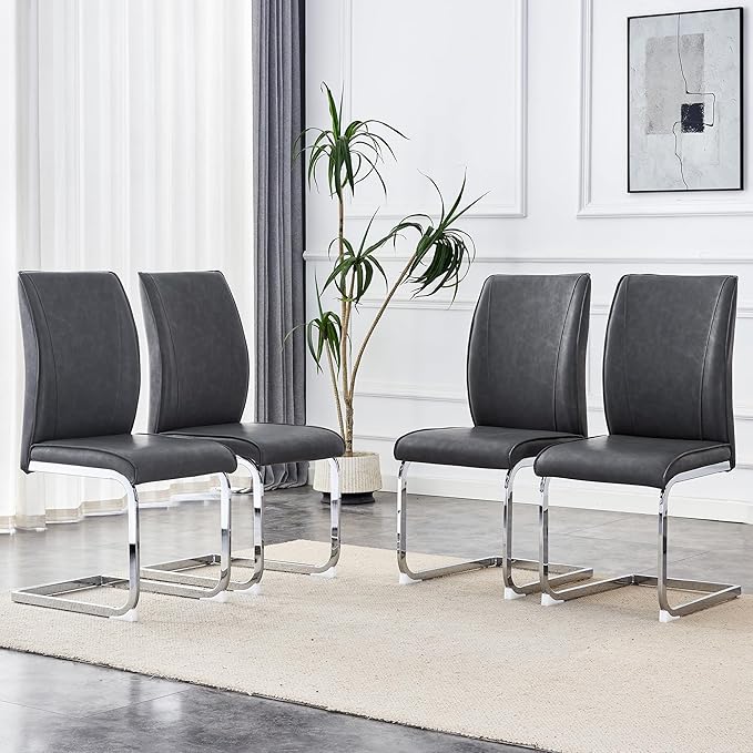 Dining Chairs Set of 4,Faux Leather Dining Chairs,Upholstered Kitchen Chairs with High Back,Modern Armless Side Chairs with Sturdy Chrome Plated Metal Legs for Living Room(Grey,4)