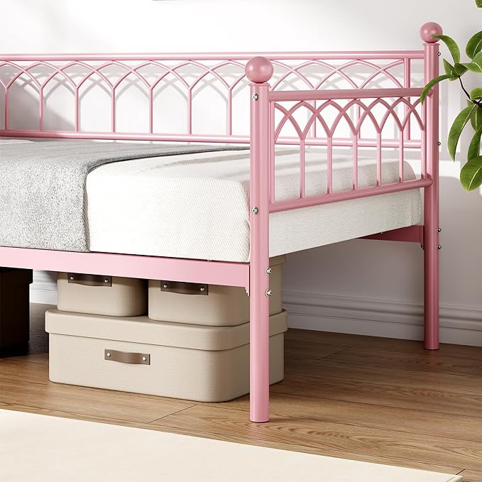 GarveeHome Twin Size Daybed, Sofa Bed Frame with Metal Steel Slat Support, Heavy Duty Metal Bed Frame, Space Saving, Easy Assembly, for Small Spaces, Living Room, Bedroom, Apartment, Pink