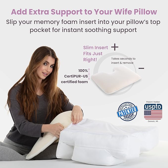 Wife Pillow - Insert, Plush Molded Memory Foam 80D - Can Use As Thin Sleeping Pillow for Stomach Sleeper. Ergonomic Size, Orthopedic Neck U Shaped Cutout: Ulta Soft High-Density Layer Support