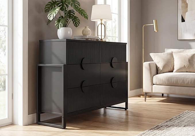LGHM Fluted Dresser for Bedroom with 6 Drawers, Modern 6 Drawers Dressers with Semicylinder Fluted, Solid Chest of Drawers, 50" W Dresser with Bold Steel Frame, Metal Handles, Black