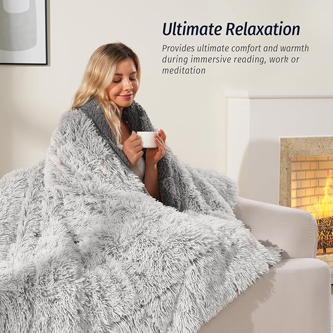 Wemore Shaggy Long Fur Faux Fur Weighted Blanket, Cozy and Plush Sherpa Long Hair Blanket for Adult 15lbs, Fluffy Fuzzy Sherpa Reverse Heavy Blanket for Bed, Couch, Backprint Grey, 48 x 72 Inches