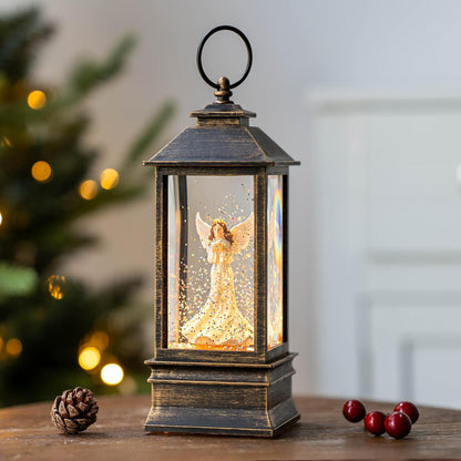 10'' Musical Snow Globe Lantern Lighted Angel with Dove Water Lantern Swirling Glittering Home Decoration and Gift, Battery Operated or USB Powered