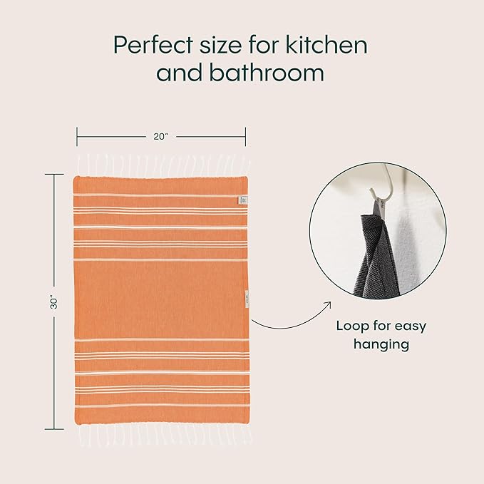WETCAT Turkish Hand Towels with Hanging Loop, Set of 2 (20" x 30") 100% Turkish Cotton, Pre-Washed, Quick Drying, for Kitchen or Bathroom - Burnt Orange