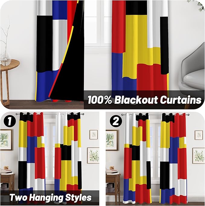 Colorful 100% Blackout Curtains for Bedroom 84 inch Long 2 Panels Set Red Yellow Modern Abstract Geometric Black Out Curtains Insulated Room Darkening Window Drapes for Living Room, 52Wx84L