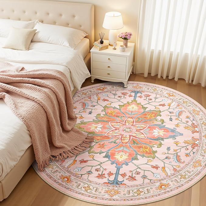 Area Rugs 6ft Washable Non-Slip, Floral Vintage Distress Print Pattern Medallion Carpet for Living Room Bedroom Dining Room, Light Pink Colorful