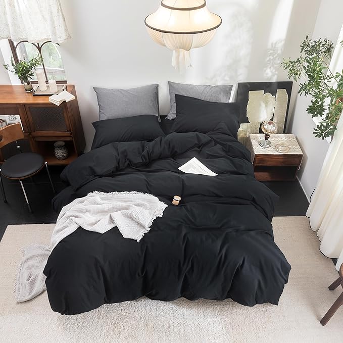 FOSSA Duvet Cover Set 100% Washed Cotton Linen Feel Super Soft Breathable Cozy 3 Pieces Bedding Sets Solid Black Oversized King Plus