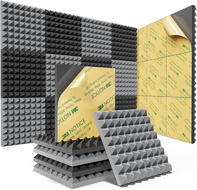 Sonicism Sound Proof Foam Panels for Walls Self-Adhesive 12 Pack Pyramid 12" X 12" X 1" Soundproof Wall Panels 35kg/m³High Density Acoustic Panels Fast Expand,Sound Absorption&Decoration,Black/Gray