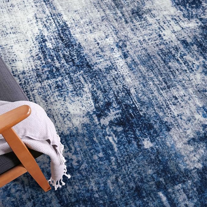 IOHOUZE Abstract Area Rugs 9x12 Ft Washable Large Rugs for Living Room, Non Slip Dining Room Rug, Printed Faux Wool Rugs for Bedroom, Floor Carpet for Office Nursery Playroom, Navy/Grey