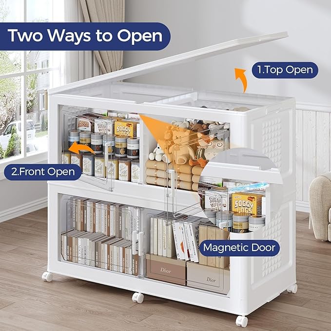 800 QT Extra Large Stackable Storage Bins with Lid, 200 Gal Collapsible Storage Box with Wheels, Folding Closet Organizers and Storage Cabinet with Doors for Home, Kitchen, Office, 5Pack White