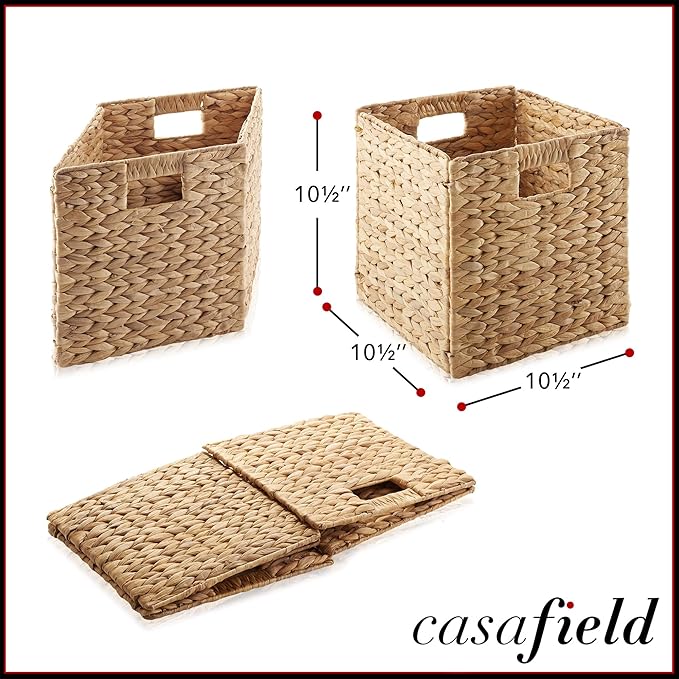 Casafield 10.5" x 10.5" Water Hyacinth Storage Baskets, Natural - Set of 4 Collapsible Cube Organizers, Woven Bins for Bathroom, Bedroom, Laundry, Pantry, Shelves