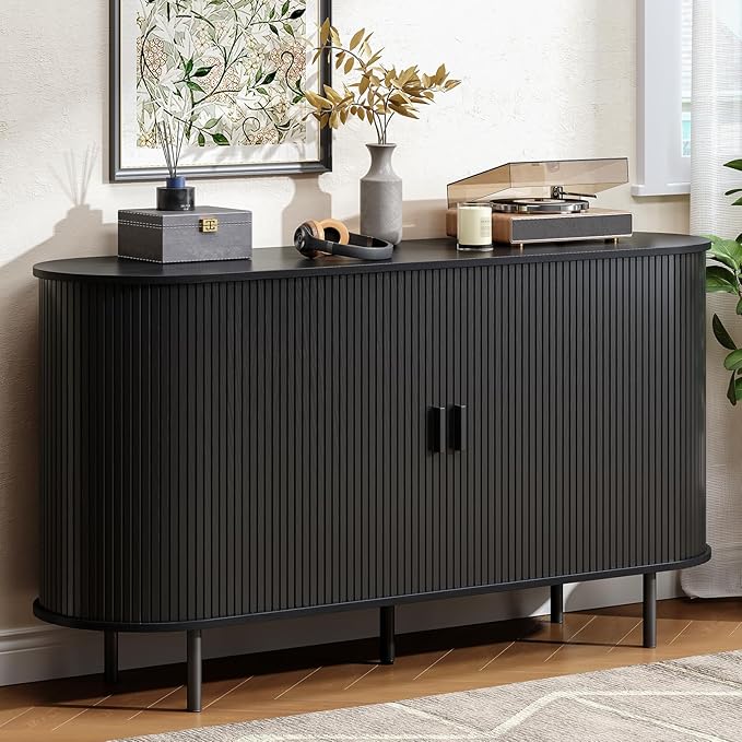Buffet Cabinet with Storage, Fluted Sideboard Buffet with Sliding Door, Coffee Bar Cabinet with Adjustable Shelf, Console Table, Accent Table for Entryway, Kitchen (Black, 55 Inch)