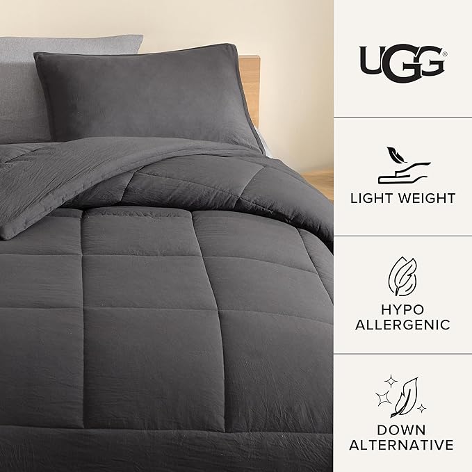 UGG Twin/XL Twin Comforter Set with 1 Pillow Sham, Lightweight Down Alternative Blanket, All Season, Washable & Hypoallergenic Bedding Set for College Apartment, Dorm Essential, Charcoal Grey (Lenora)