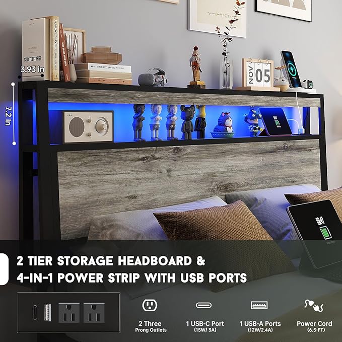 Full Size Bed Frame with 4 Storage Drawers and Headboard with Charging Station and LED Lights,2 Tier Solid Wood Headboard Storage/Noise Free/No Box Spring Needed/Remote Control/Rustic Grey
