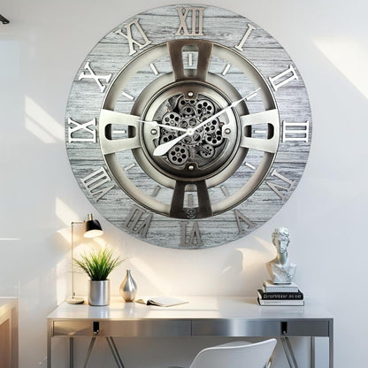 The Gears Clock Real Moving Gear Wall Clock England Line (Silver Grey, 24 inches (60 cm))