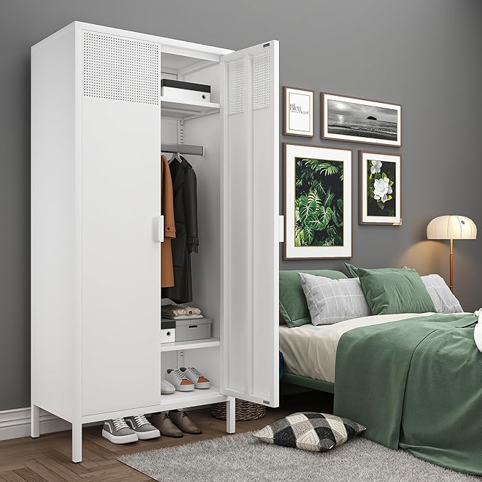 COFaR Metal Wardrobe Cabinet with Hanging Rod, 71 inches Tall Bedroom Armoire Wardrobe Closet for Home, Office, Garage, Laundry Room White