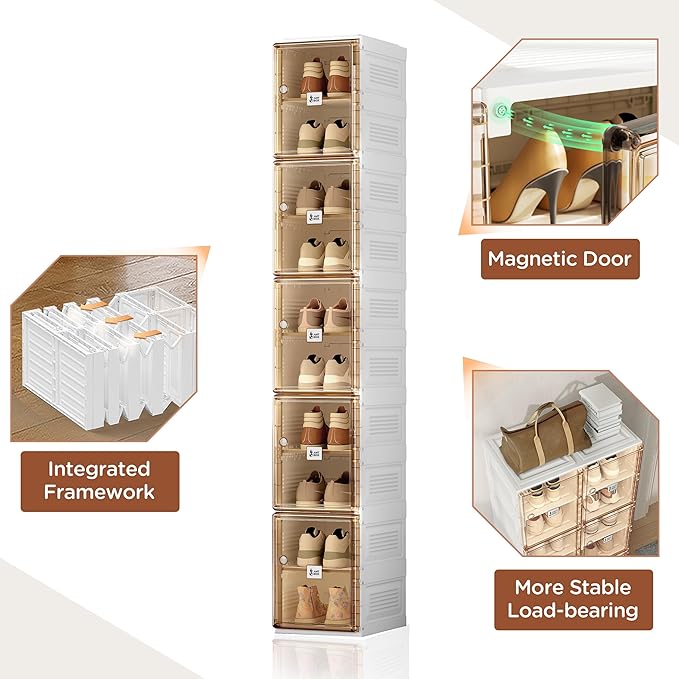 ANTBOX Shoe Organizer Storage Box, Portable Folding Shoe Rack For Closet With Magnetic Clear Door,Large Sneaker Cabinet Bins Sturdy Easy Assembly 10 Layers-10 Grids