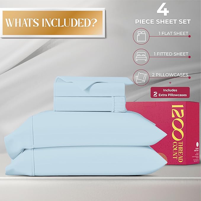 Mayfair Linen 100% Egyptian Cotton Sheets King Size - Luxury 1200 High Thread Count Egyptian Cotton King Size Sheets Set (4 PC, Light Blue), Soft, Cooling, 17" Deep Pocket Sateen Weave Hotel Bedding
