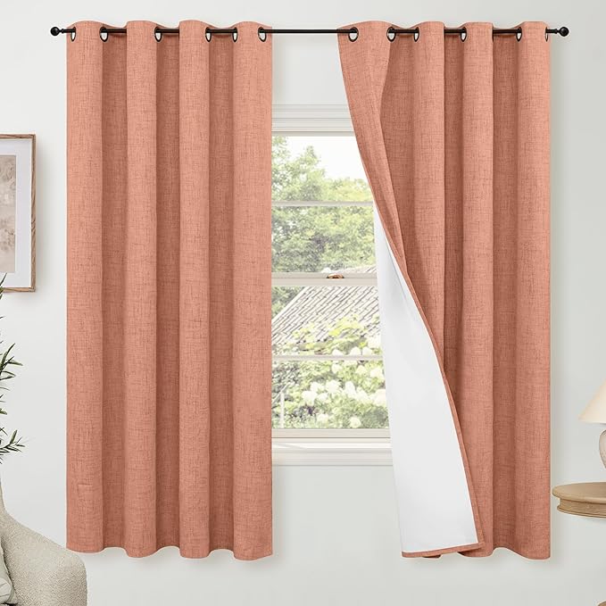 Terracotta 100% Linen Blackout Curtains for Living Room 63 Inch Long 2 Panels, Thermal Insulated Noise Reducing Window Total Black Out Fall Curtains for Bedroom, Each 52x63 Inch 2 Panels