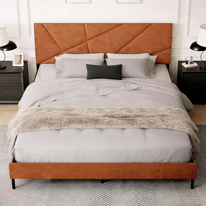 Upholstered Full Size Platform Bed Frame with Faux Leather Padded Headboard, Sturdy Metal Slats Support, No Box Spring Needed, Vintage Brown