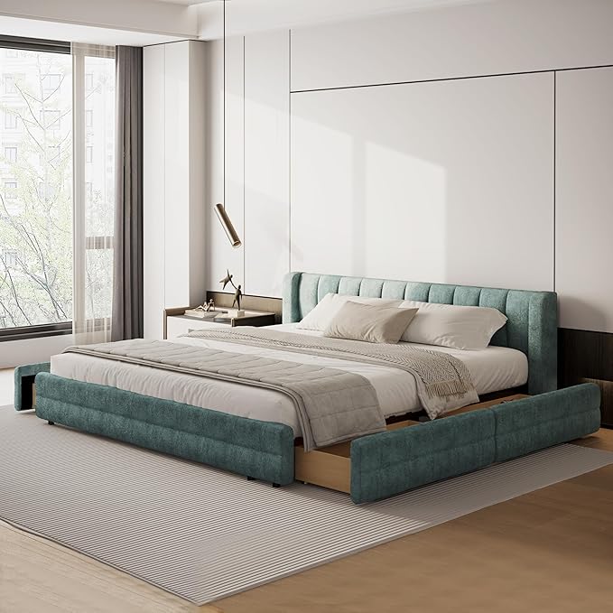 DEINPPA King Size Bed Frame with 4 Storage Drawers and Cloud Soft Headboard, Chenille Upholstered Grounded Wood Base Bed Frame, No Box Spring Needed-Blue+Green