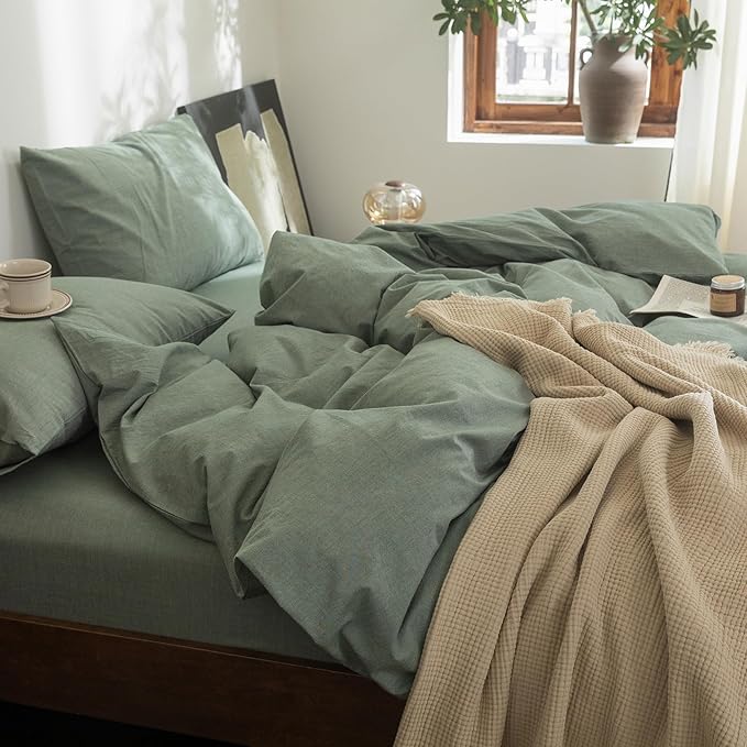 FOSSA Duvet Cover Set 100% Washed Cotton Linen Feel Super Soft Breathable Cozy Simple Style 3 Pieces Bedding Sets Solid Heathered Green Oversized King Plus