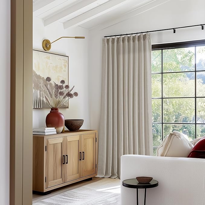 Taupe Burlywood Pinch Pleat Linen Curtains 120 Inches Long 60 Inch Wide for Patio Sliding Door Light Filtering Semi Sheer Pleated Drapes Back Tab Extra Wide 60 x 120 Curtain for Living Dining Room