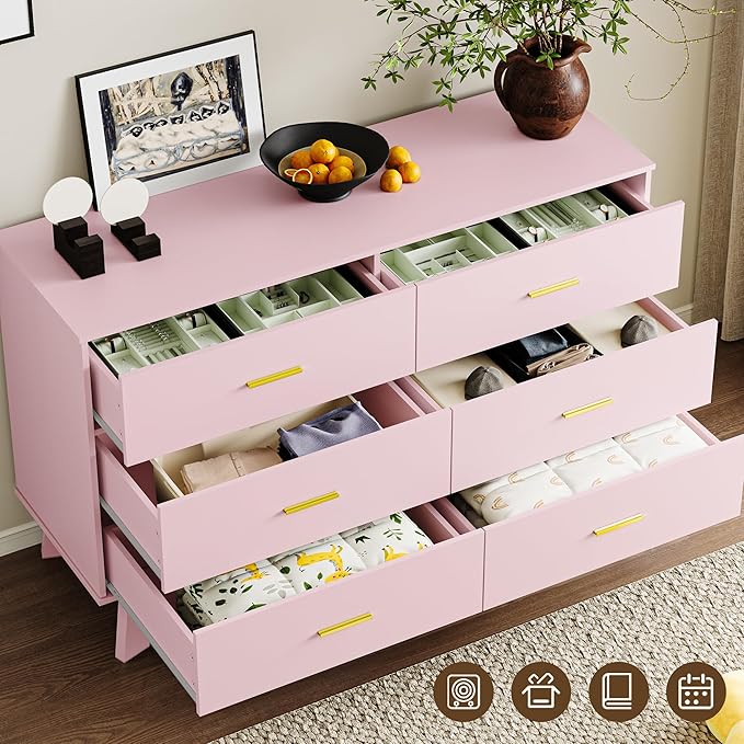 Dresser for Bedroom with 6-Drawer, 47.2" Modern Chest of Drawers with Metal Handles, X-Shape Base & Adjustable Center Leg, Anti-Tip Closet Organizers and Storage