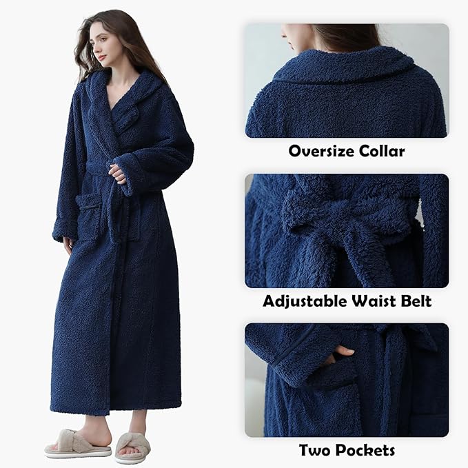 Oksun Womens Long Fleece Robe: Soft Fluffy Warm Bathrobe - Cozy Winter Housecoat Nigthgown with Chic Piping