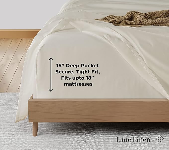 LANE LINEN 100% Cotton 600 Thread Count Soft Twin Bedding Sheets & Pillowcases Set- Sateen Weave Fully Elasticized 15 inch Deep Pocket Twin Sheets, Hotely Like Think Natural Cooling Bedding - Ivory