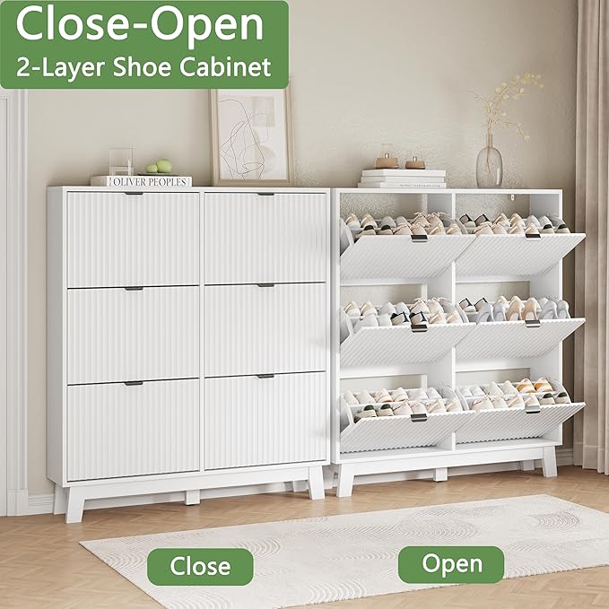 Shoe Cabinet with 6 Flip Drawers, 54" Tall Narrow Fluted Shoe Storage Organizer for Entryway, Hidden Slim Wooden Shoe Rack Cabinet for Front Door Entrance, Hallway, Living Room, Solid White