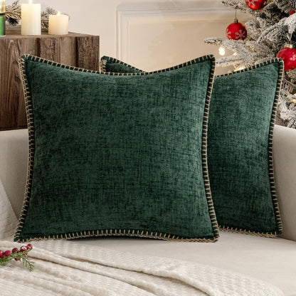 MIULEE Pack of 2 Christmas Pillow Covers 20x20 Inch Dark Green Farmhouse Decorative Throw Pillow Covers with Stitched Edge Soft Chenille Solid Dyed Couch Pillow Covers for Sofa Bed Living Room