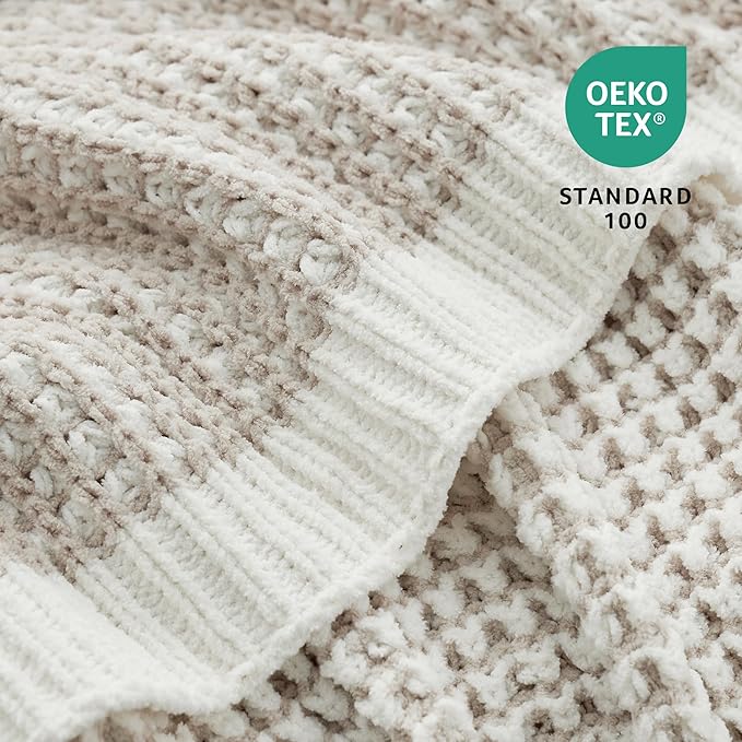 Amélie Home Waffle Chenille Throw Blanket for Couch, Pineapple Stitch Knit Soft Cozy Knit Blanket Decorative Throw for Sofa, Chair, 60"x80", Beige&Ivory