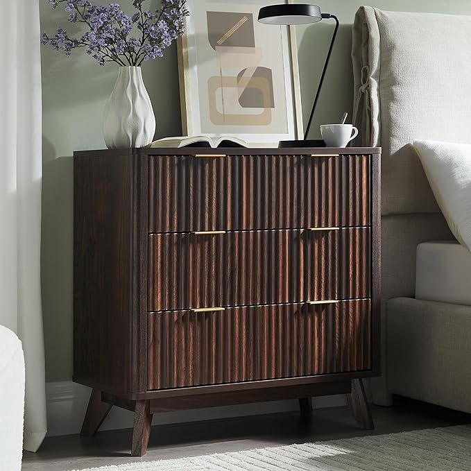 T4TREAM Fluted 3 Drawers Nightstand, Oversized Extra Large Modern Side Table, End Table Bedside for Bedroom, Living Room, Curved Profile Design, Dark Walnut