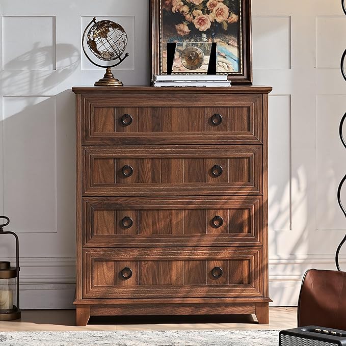 Farmhouse 4 Drawer Dresser for Bedroom, 35" Tall Small Dressers & Chest of Drawers, Rustic Wood Dresser with Metal Handle, Storage Organizer Closet for Living Room, Hallway, Entryway