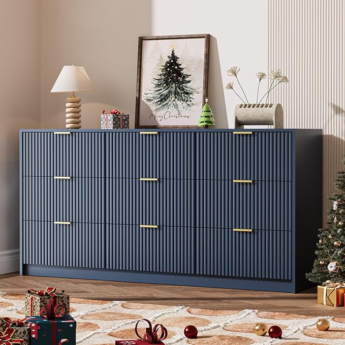 Navy 9 Drawer Dresser for Bedroom, 63" Wide Modern Fluted Dresser with Gold Metal Handles, Chest of Drawers for Bedroom, Living Room, Entryway, Hallway