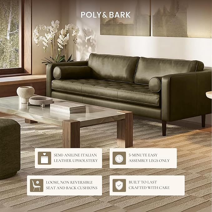 Poly & BARK Napa 88.5" Leather Sofa – Full-Grain Italian-Tanned Aniline Leather, Feather-Down Comfort, Solid Wood Frame, Walnut Legs, Olivine Green
