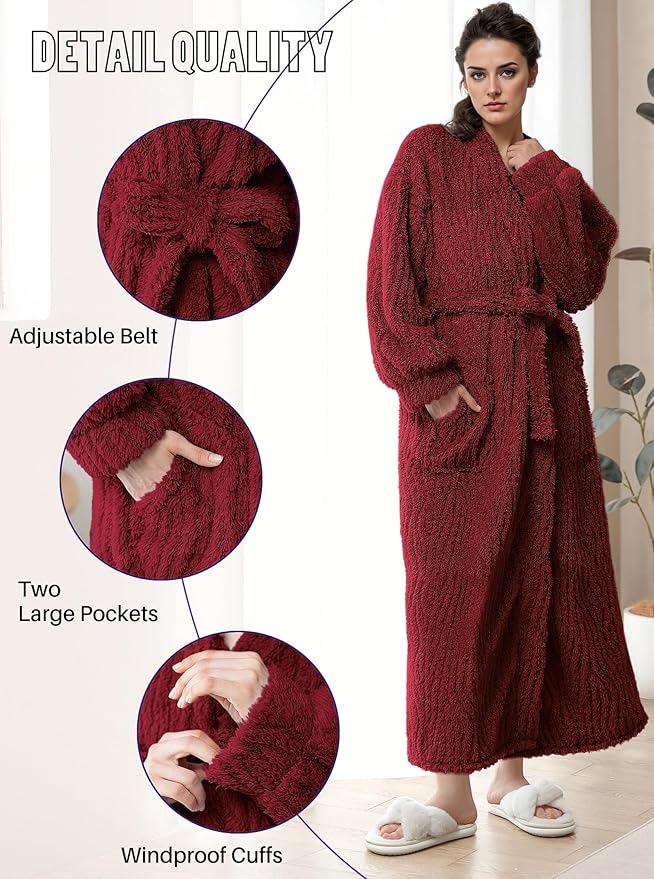 Artfasion Womens Long Fleece Robe - Warm Soft Floor Length Flannel Bathrobes for Winter Thicker Long House Coat with Pockets